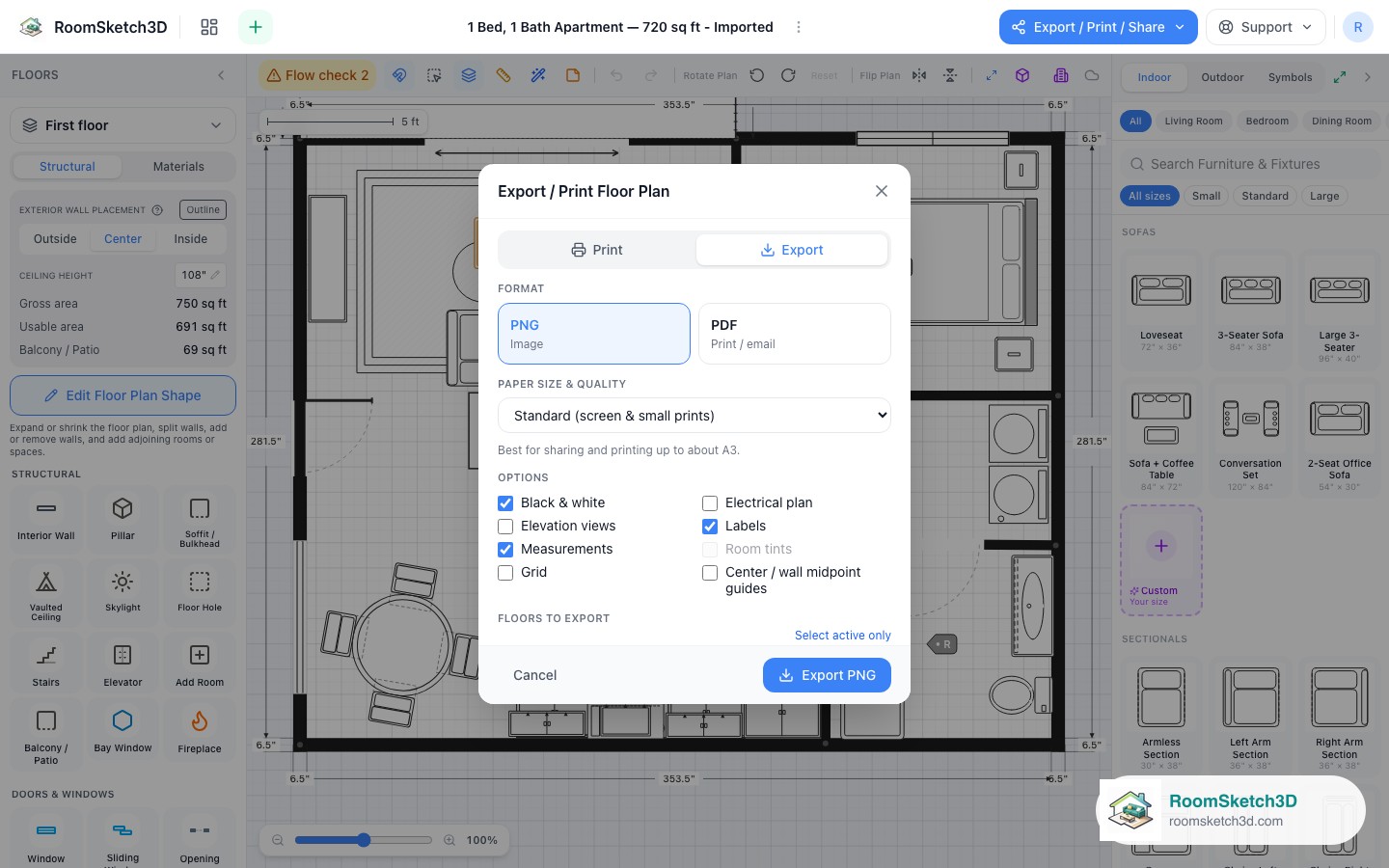 The RoomSketch3D export dialog with the Black & white style switched on