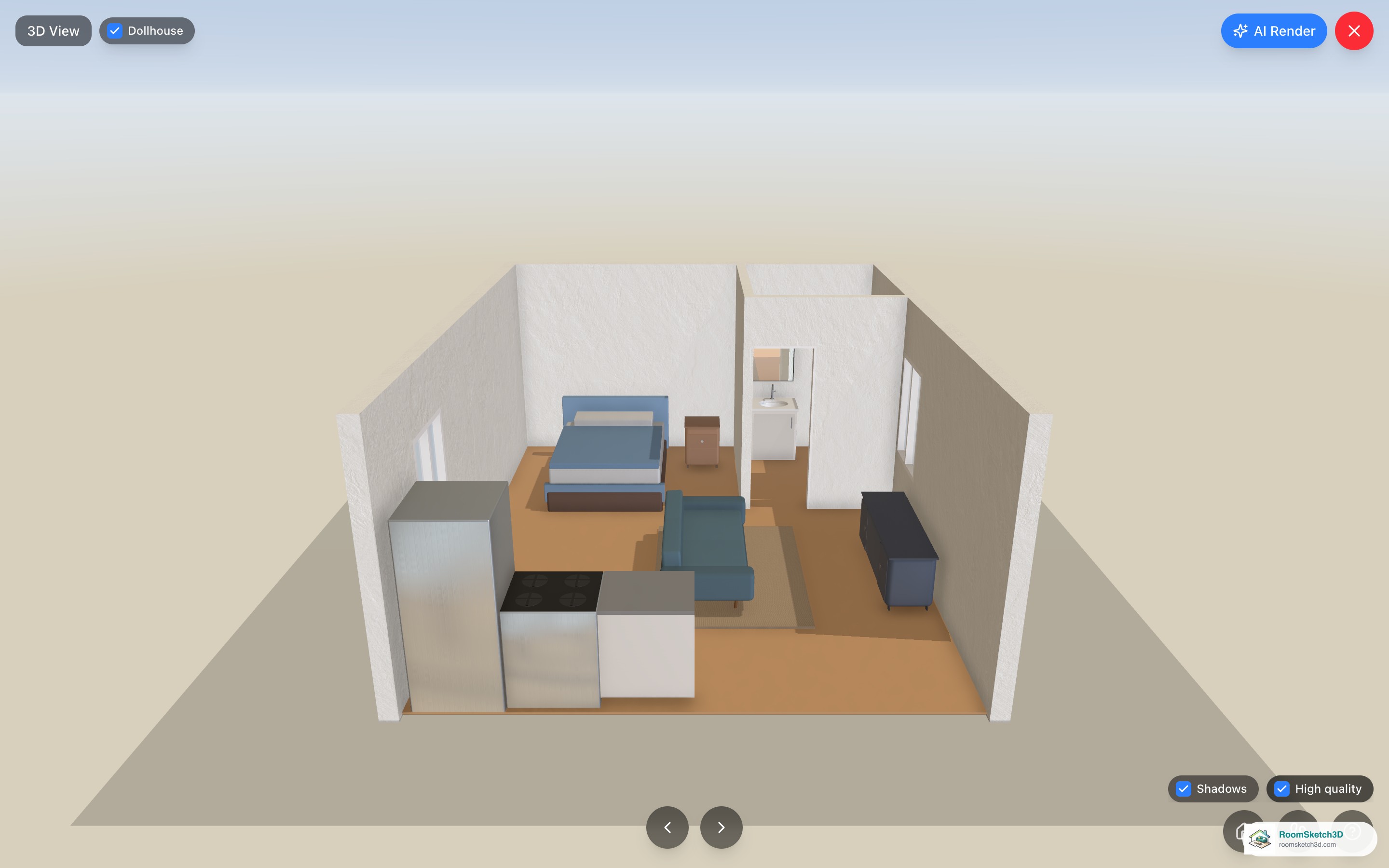 A studio apartment in the RoomSketch3D 3D view in Dollhouse mode, filling the screen — what appears on the TV when you cast