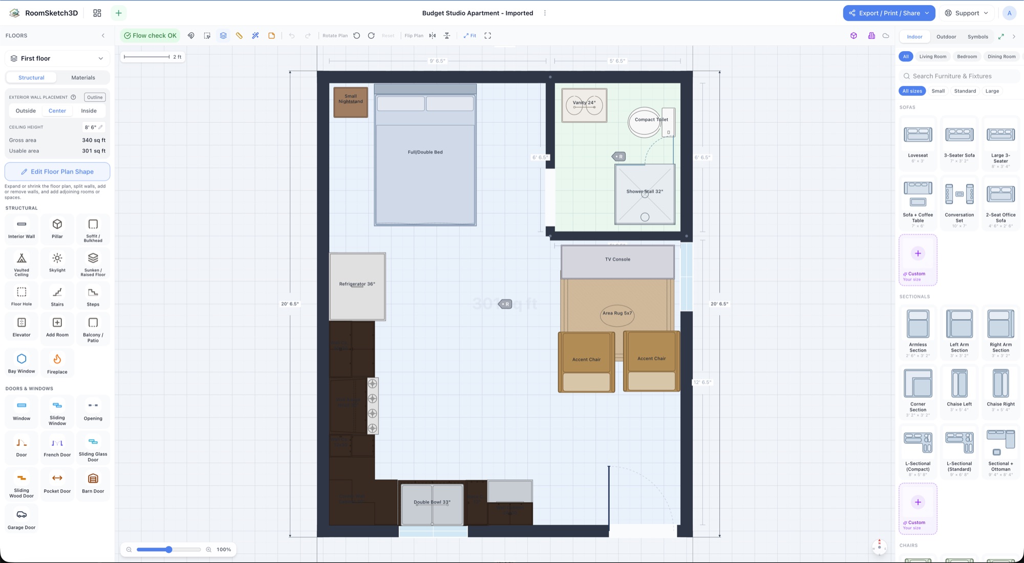 A furnished studio apartment floor plan in the RoomSketch3D editor, ready to render