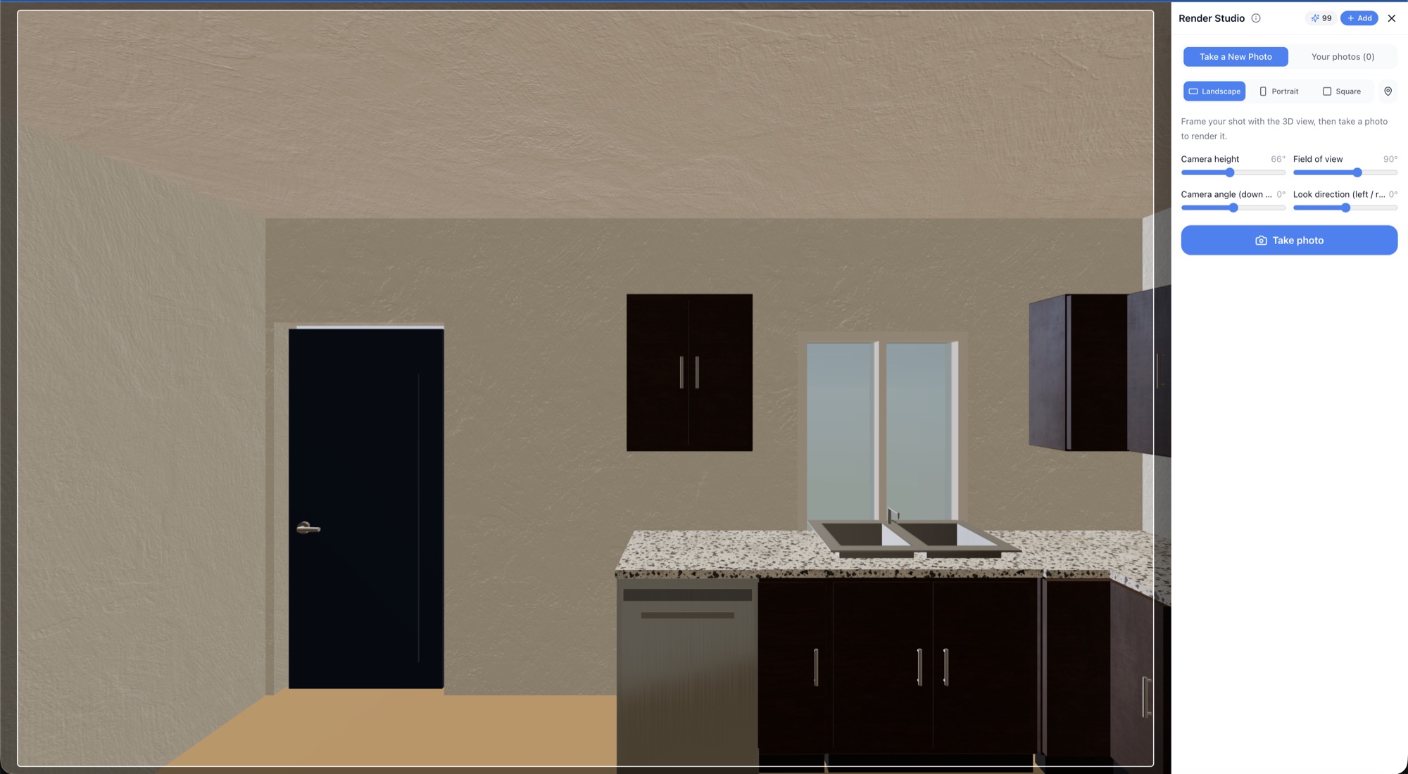 Render Studio inside a kitchen with Landscape, Portrait, and Square options and Camera height, Field of view, Camera angle, and Look direction sliders — RoomSketch3D 3D floorplan software
