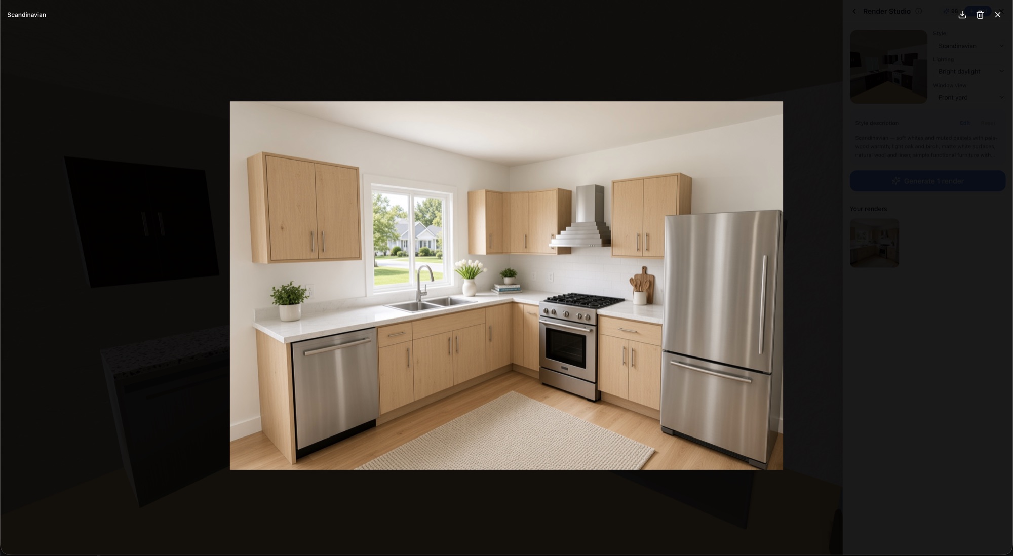 A photorealistic Scandinavian-style kitchen render generated by RoomSketch3D Render Studio from the 3D view