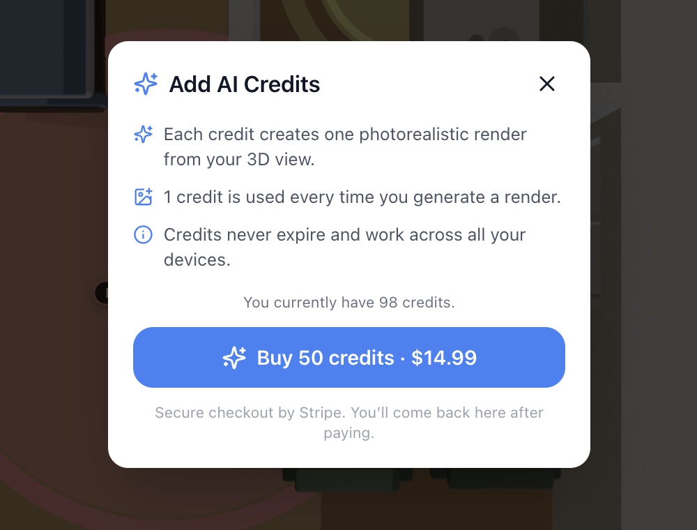The Add AI Credits window in RoomSketch3D Render Studio explaining that each credit creates one render, credits never expire, and offering a 50-credit pack