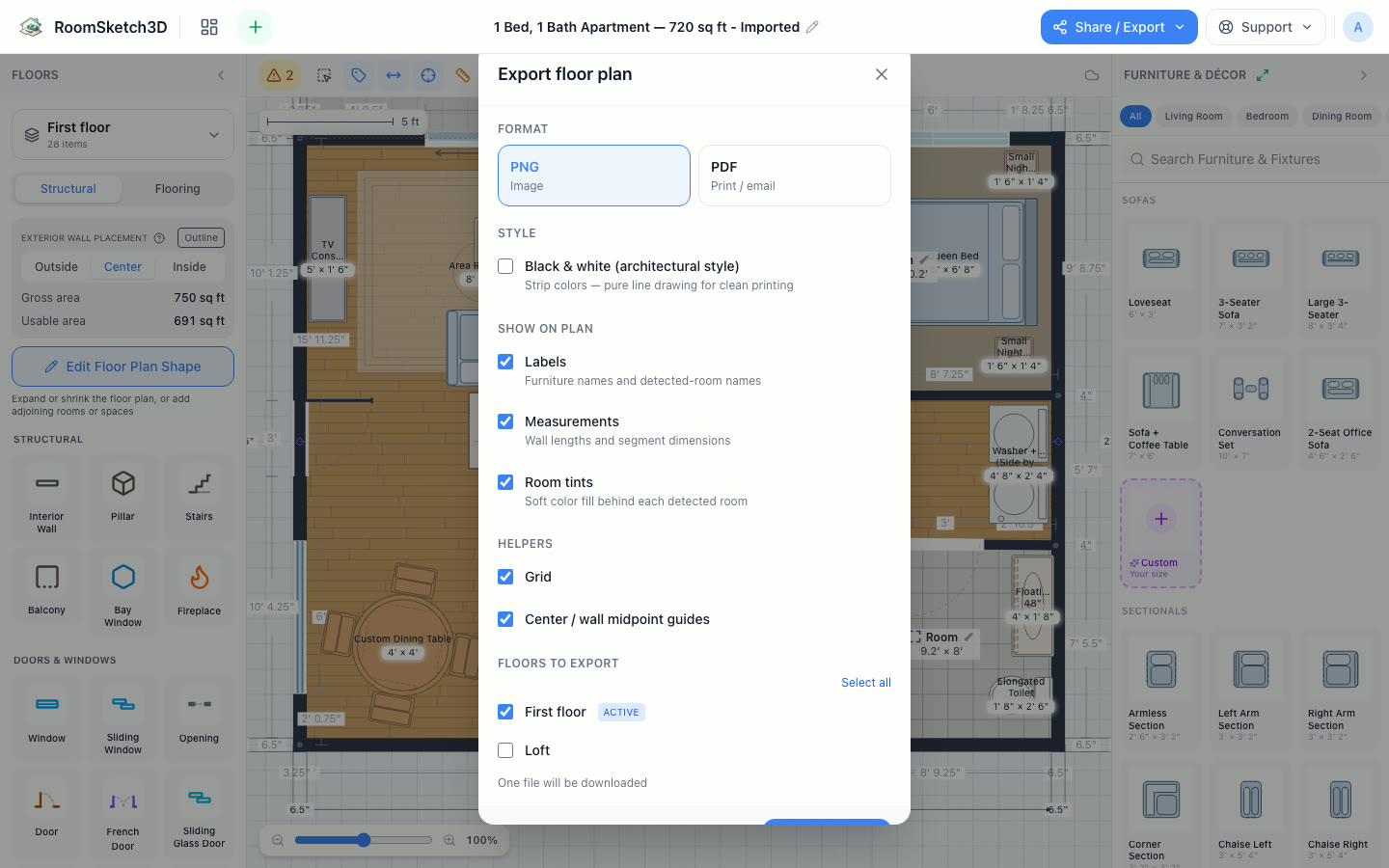 The Export floor plan dialog with PNG selected, showing style and show-on-plan options