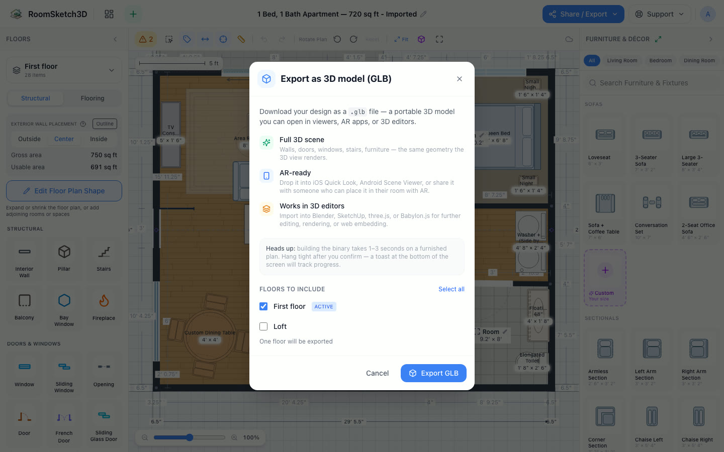 The Export as 3D model (GLB) dialog describing the full 3D scene, AR-ready, and 3D-editor uses
