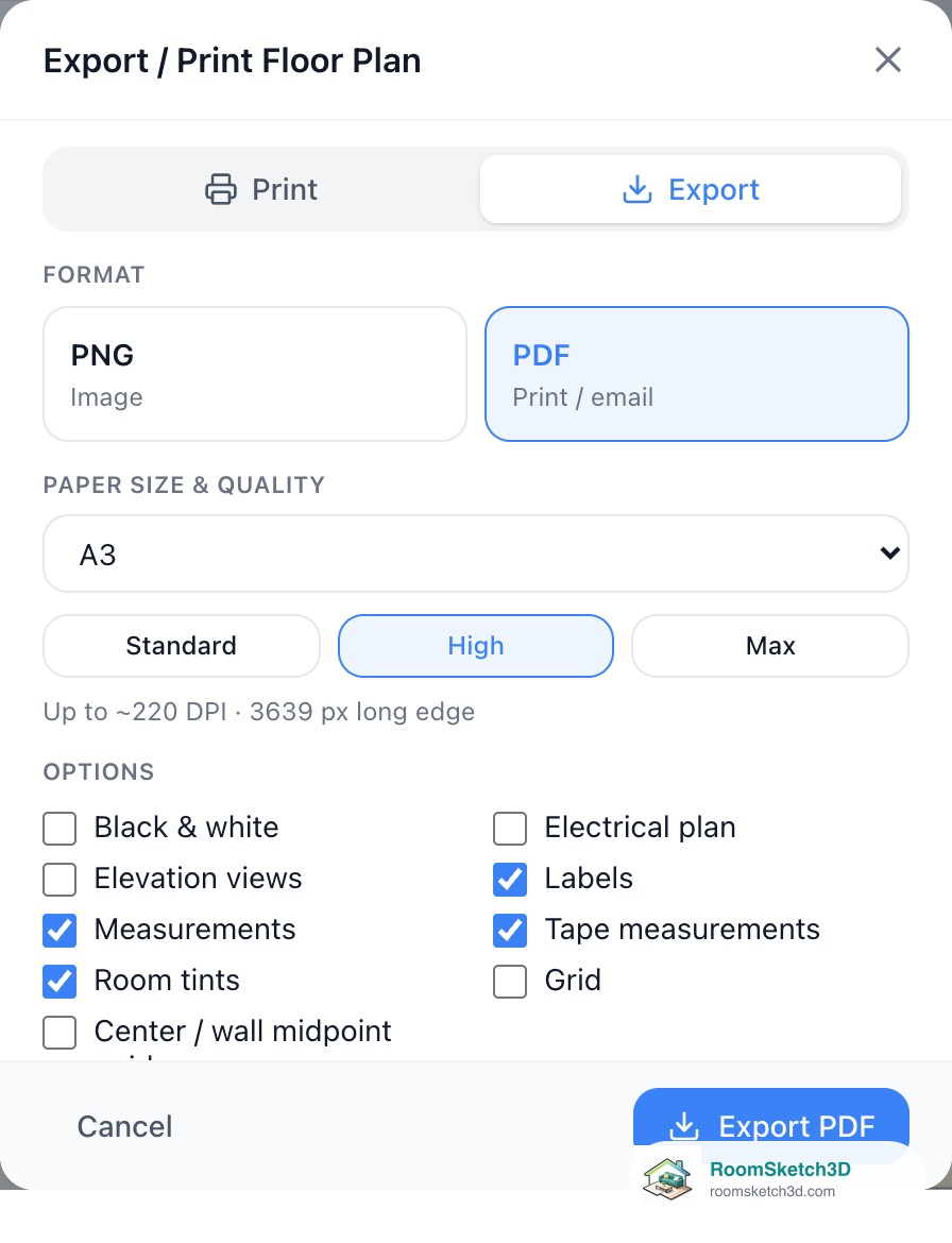 The Export tab with PDF selected, A3 paper size, High quality and the Export PDF button — RoomSketch3D floor plan creator