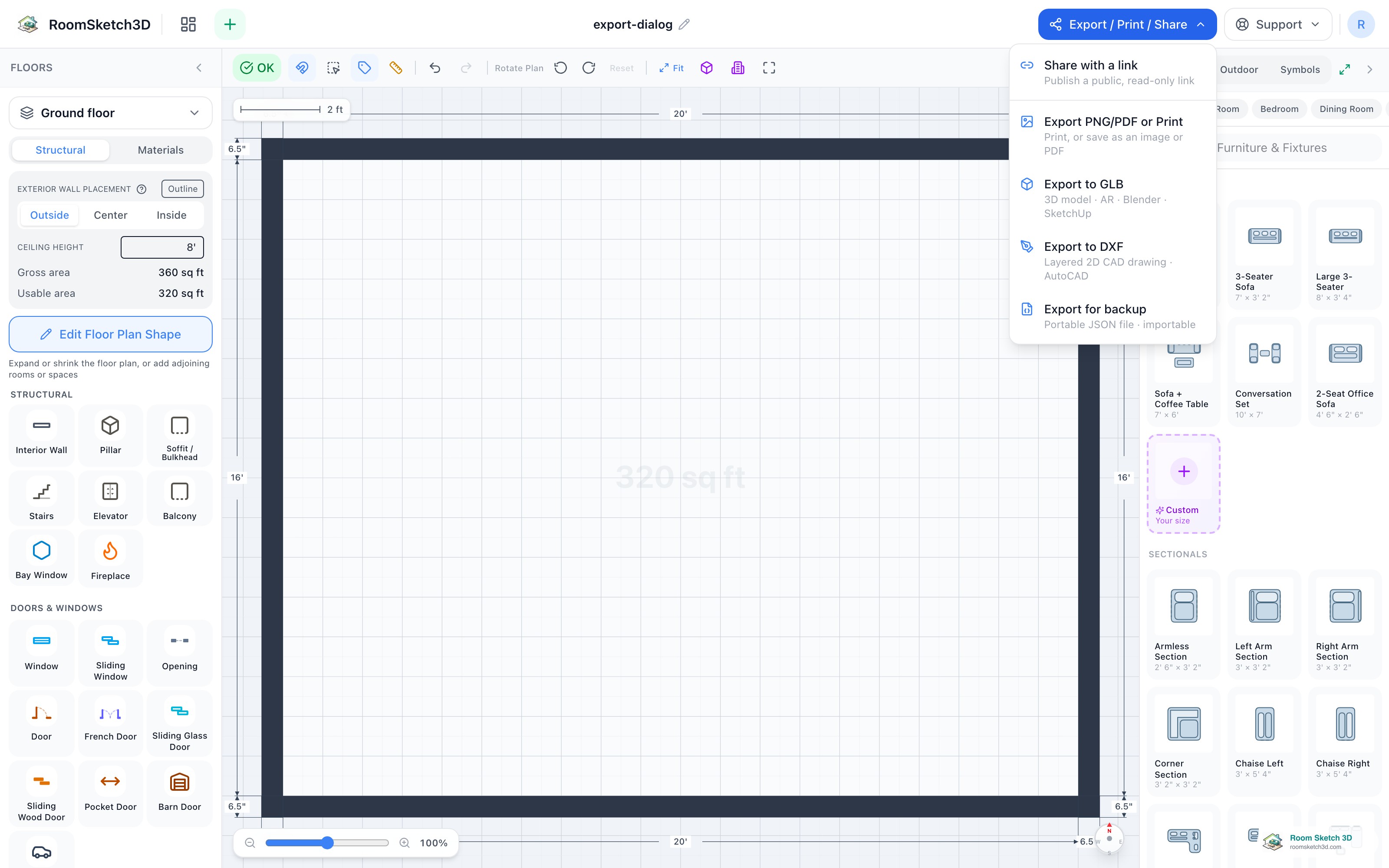 The Export / Print / Share menu with the Export to DXF option