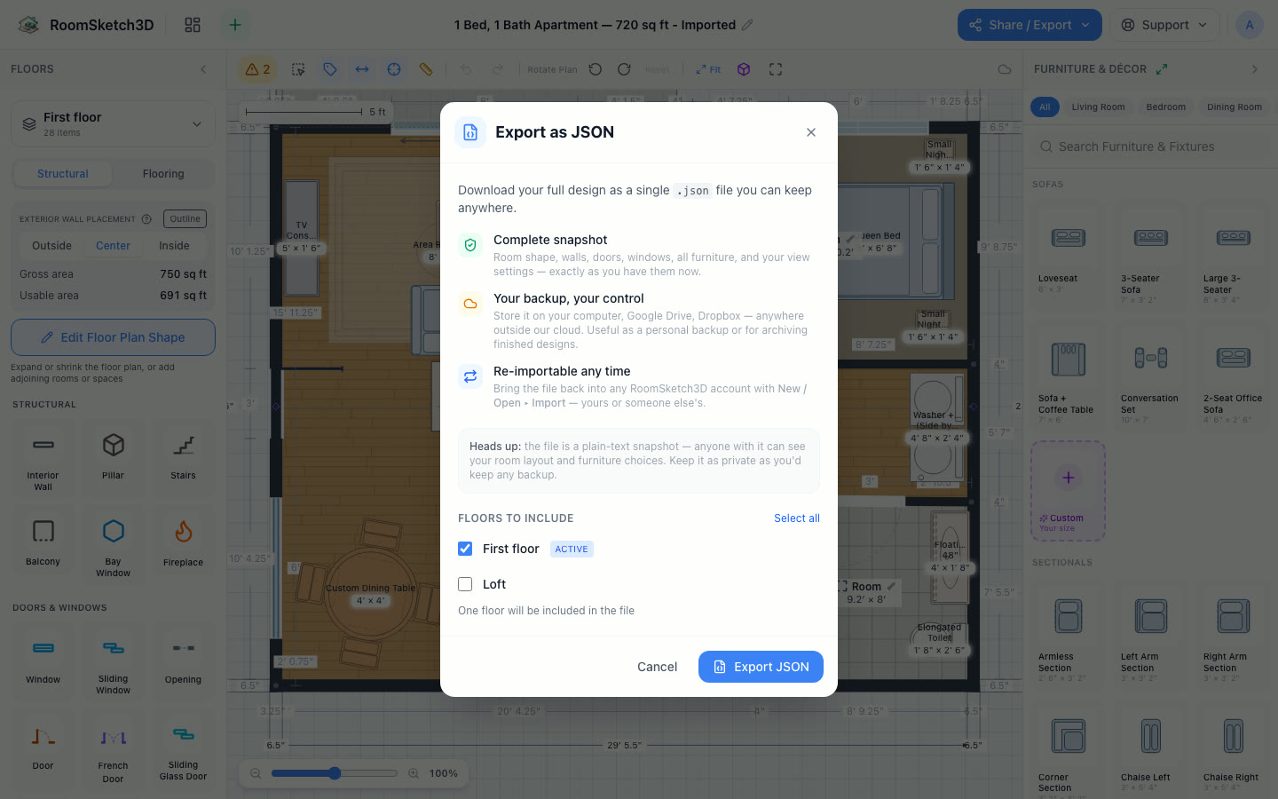 The Export as JSON dialog, over a loaded apartment plan