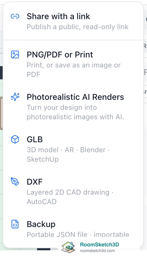 The Export / Print / Share menu open with Share with a link, PNG/PDF or Print, Photorealistic AI Renders, GLB, DXF and Backup — RoomSketch3D floor plan creator
