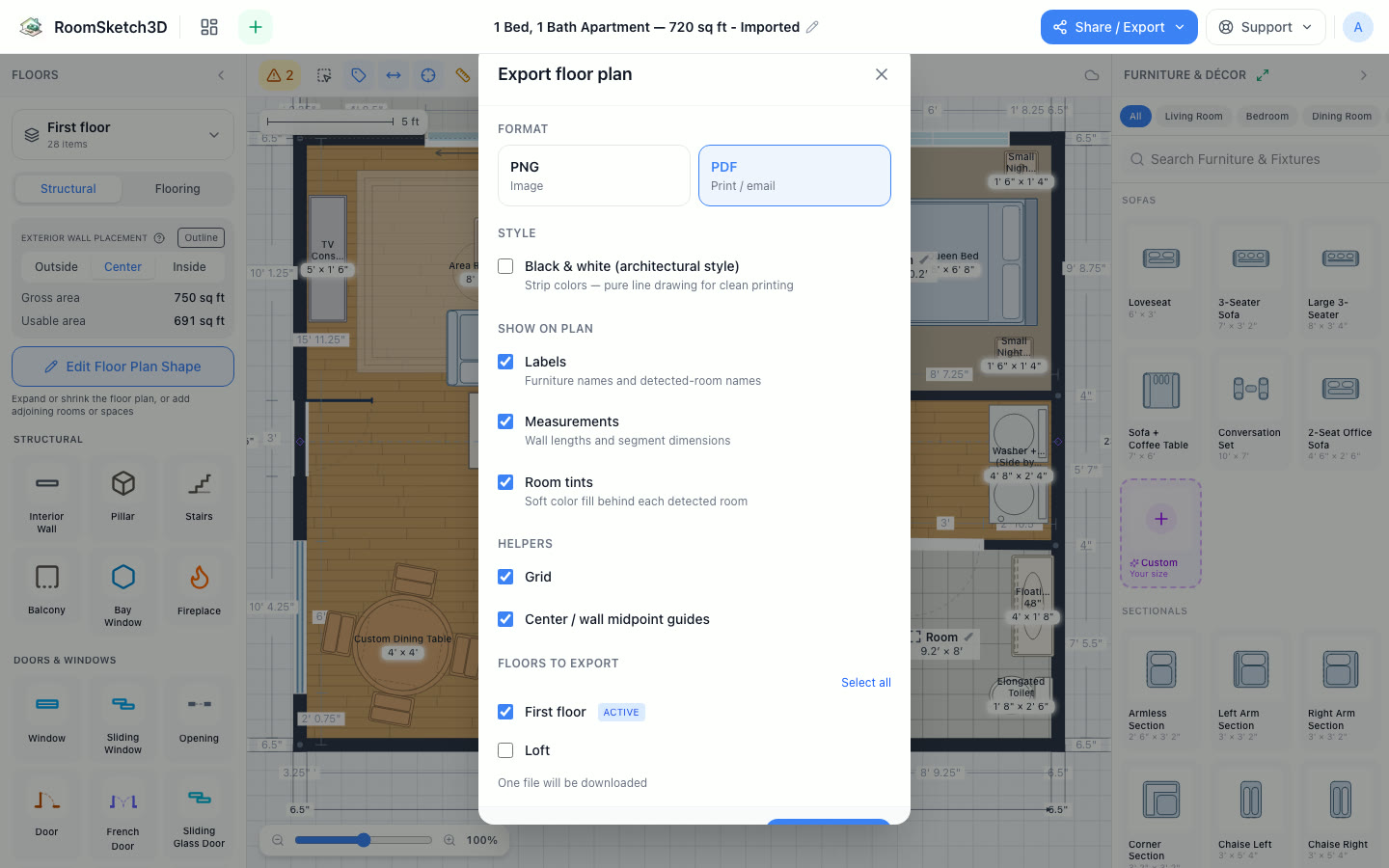 The Export floor plan dialog set to PDF, over a loaded apartment plan
