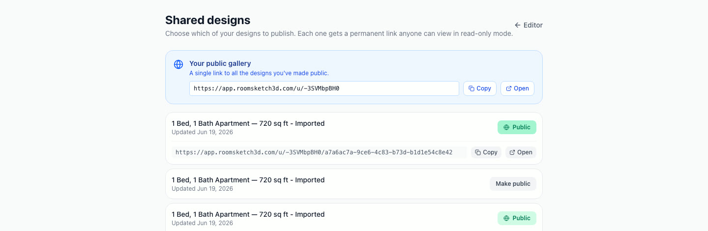 The Shared designs page with a design made public, showing its read-only link and a Copy button
