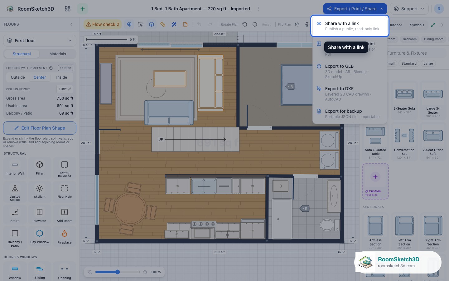 The Export / Print / Share menu with 'Share with a link' highlighted — RoomSketch3D home design app