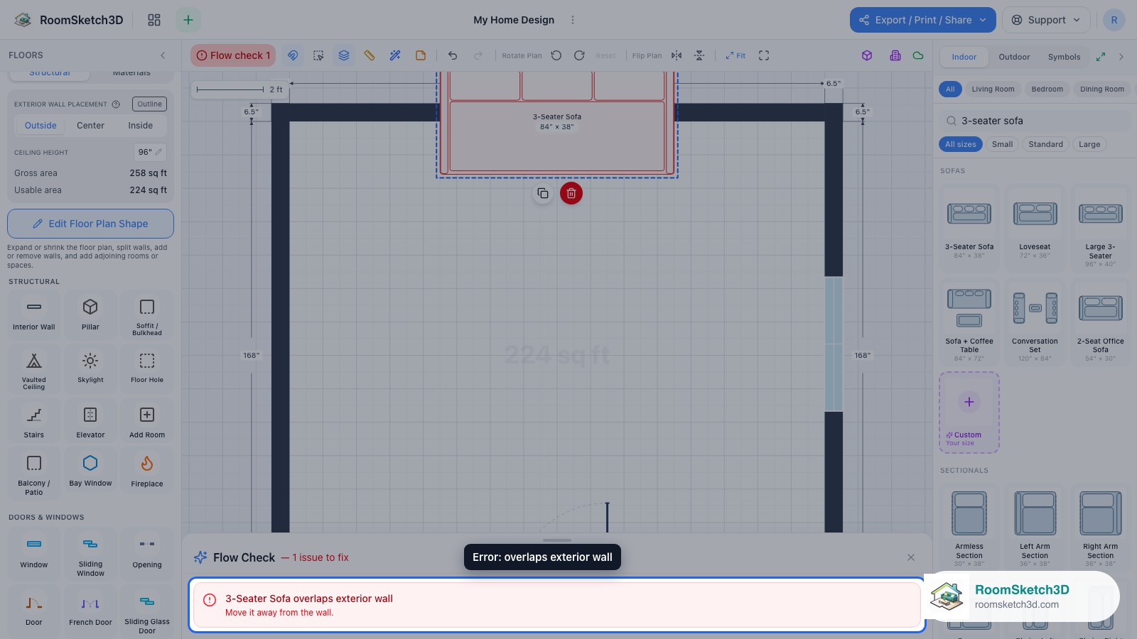 The panel showing the red error: 3-Seater Sofa overlaps exterior wall — RoomSketch3D floor planner