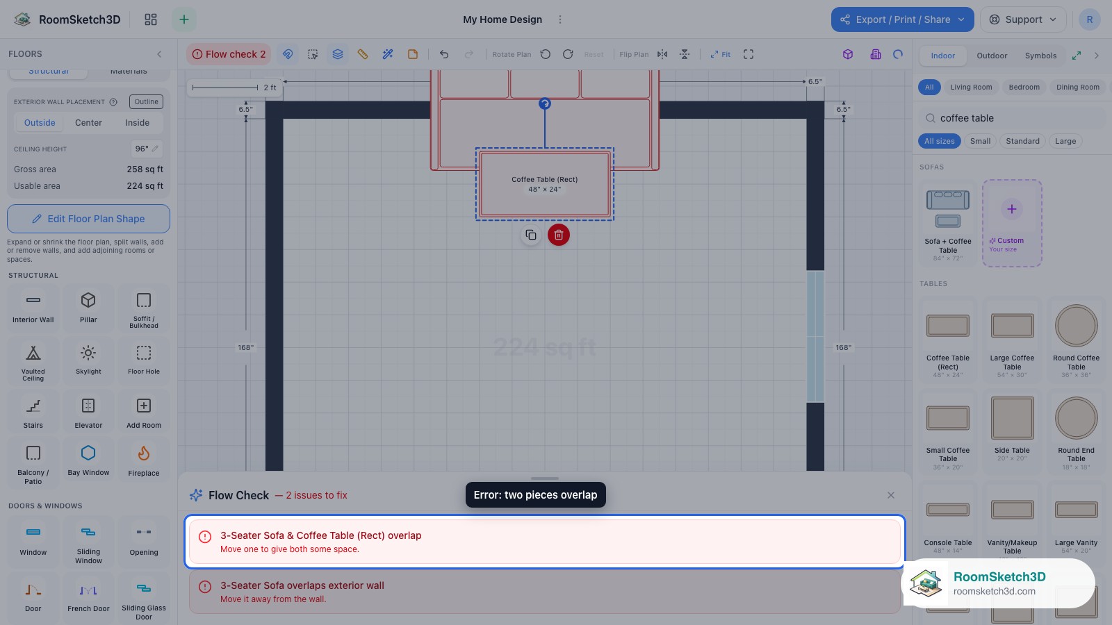 The panel showing the red error that the coffee table and sofa overlap — RoomSketch3D room planner app