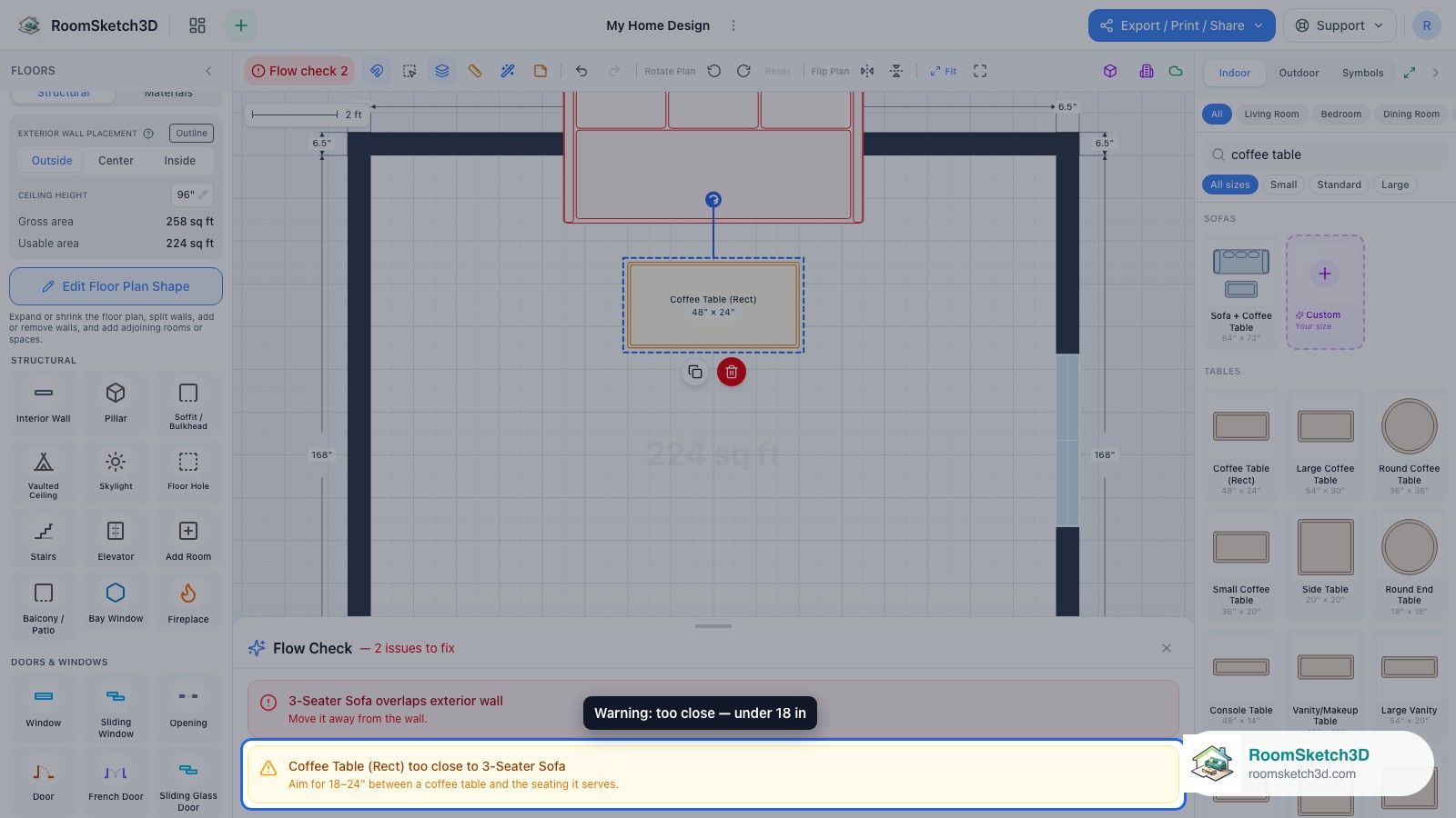 The panel showing the amber too-close warning — RoomSketch3D floor planner