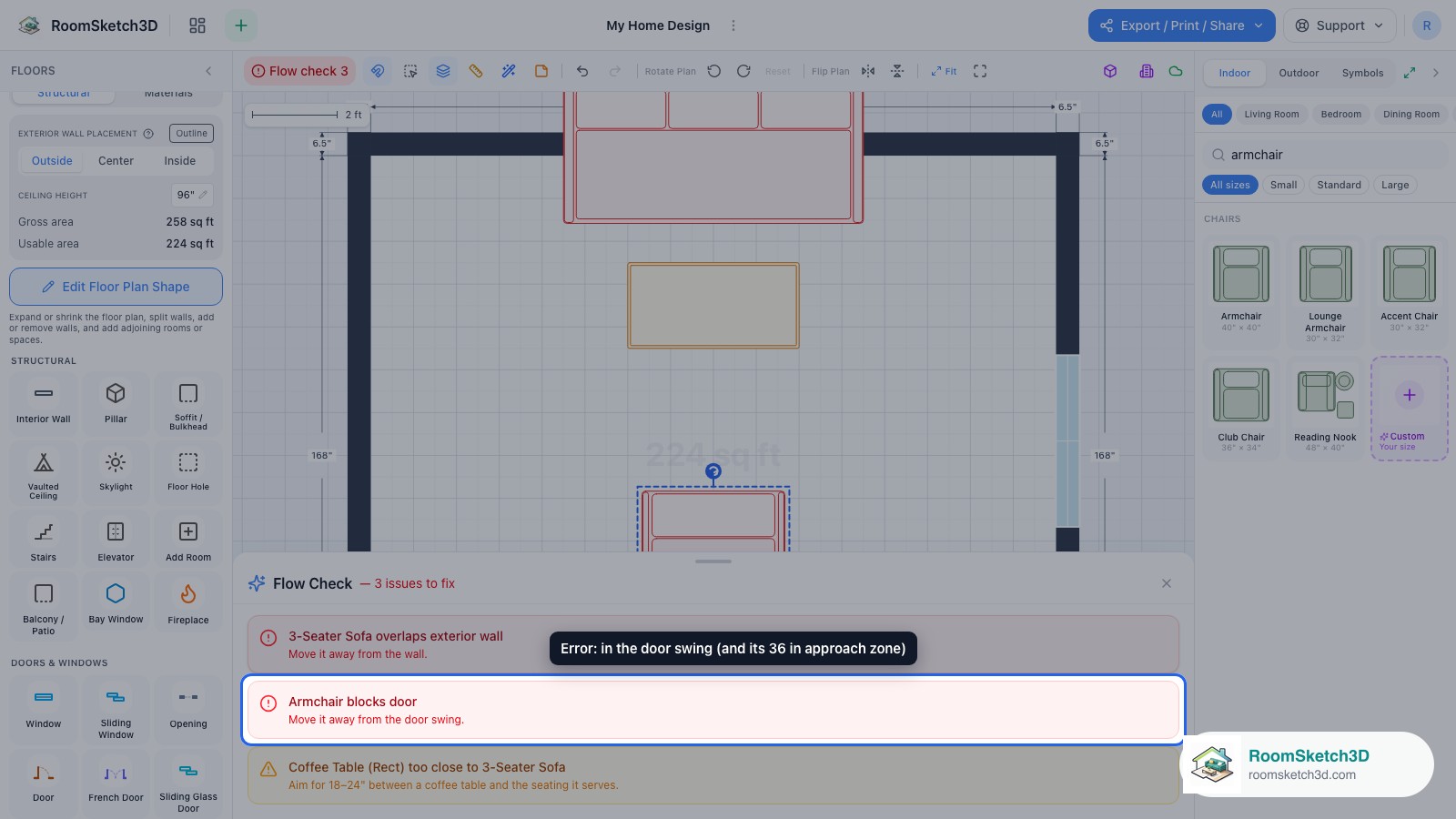The panel showing the red blocks-door error for the armchair — RoomSketch3D home design app