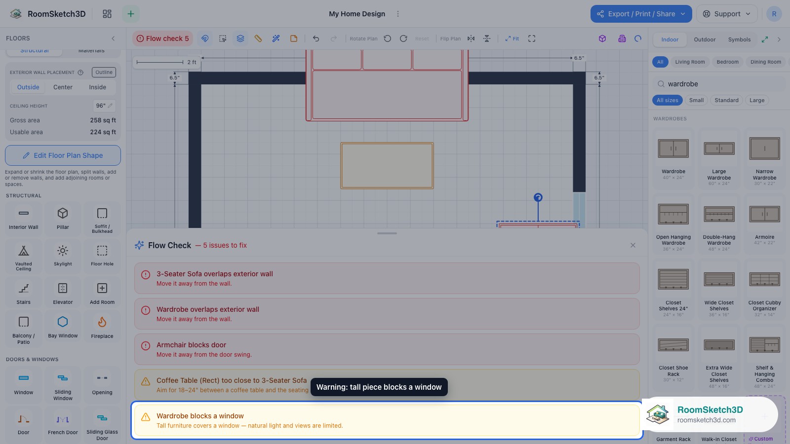 The panel warning that the wardrobe blocks a window — RoomSketch3D 3D floorplan software