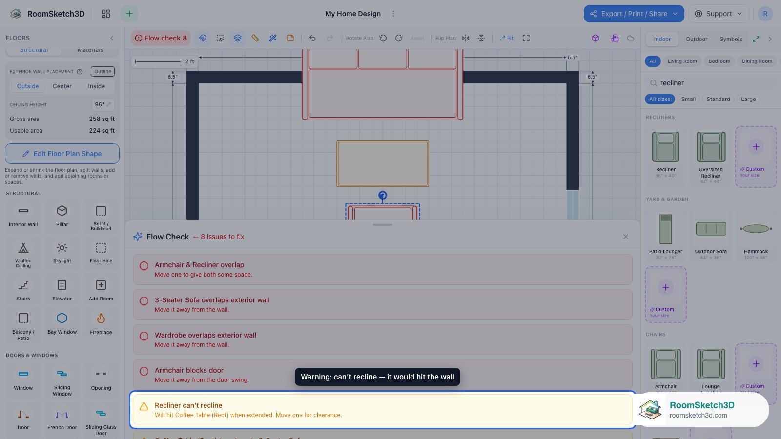 The panel warning that the recliner can't recline — RoomSketch3D home design app