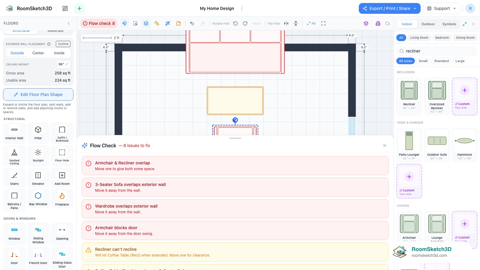 The Flow Check panel listing red errors first and amber warnings after — RoomSketch3D floor planner
