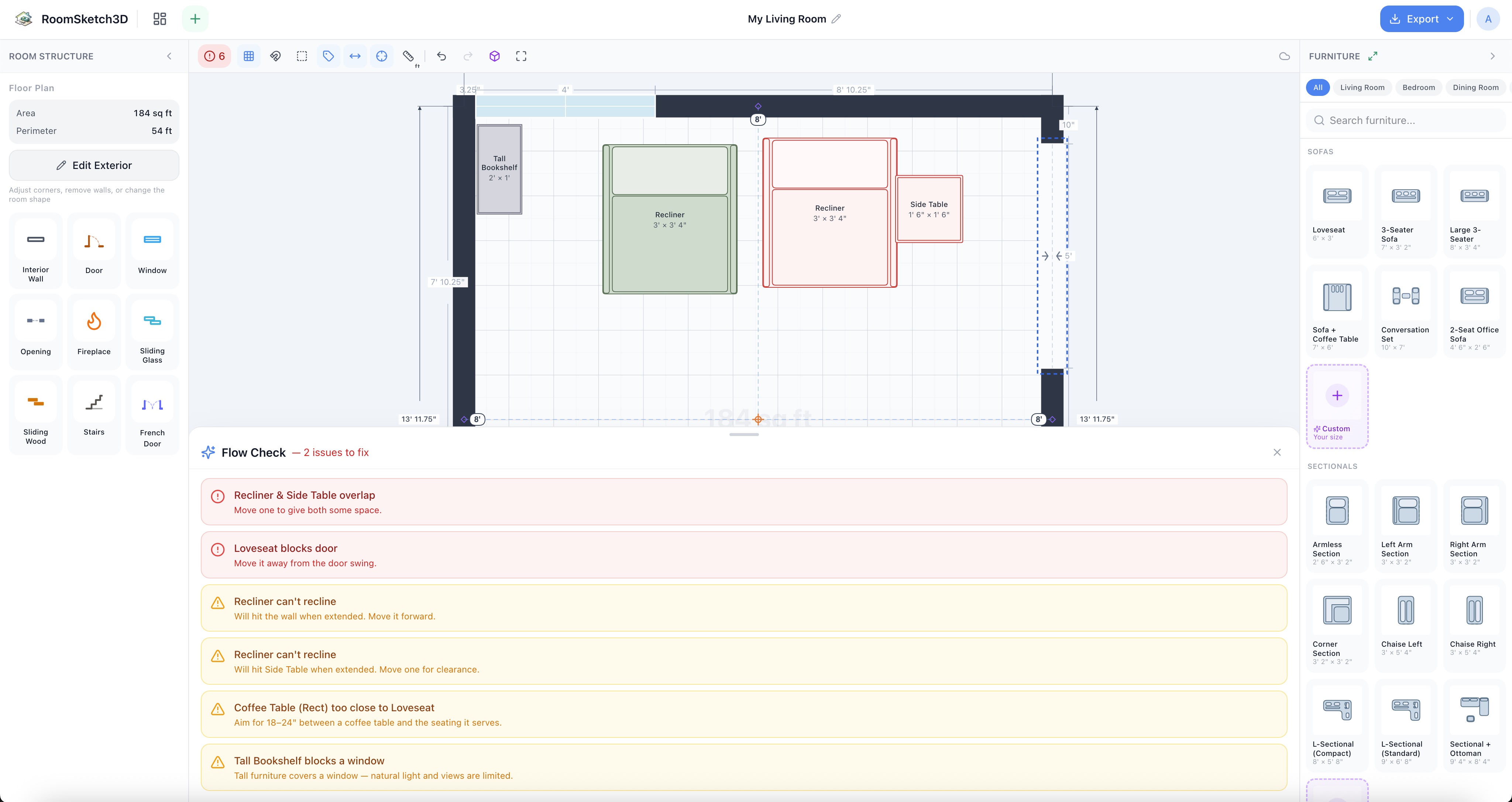 The Smart Flow Check panel docked at the bottom of the editor, listing layout issues to fix