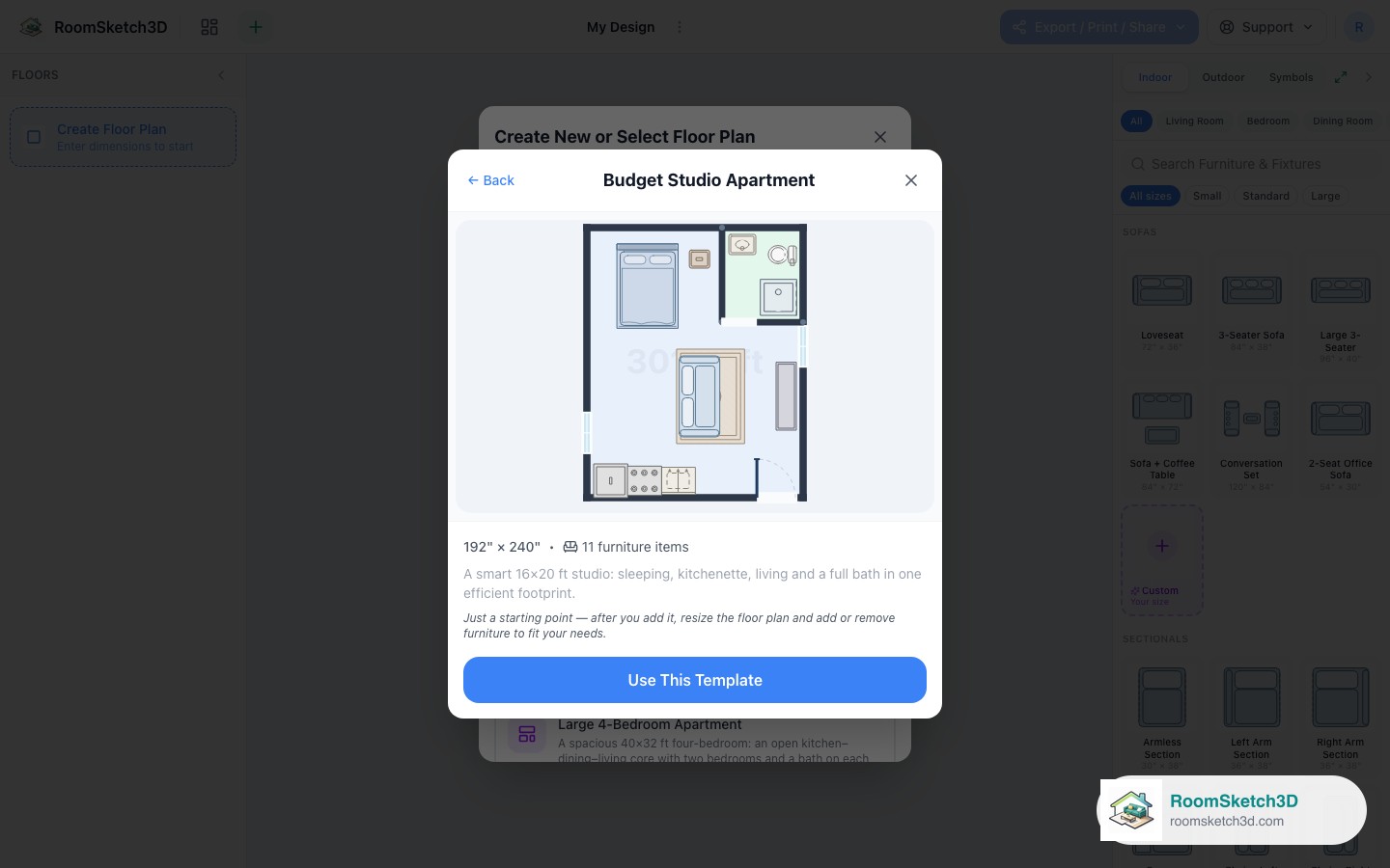 Previewing the Budget Studio Apartment template before opening it — RoomSketch3D home design app