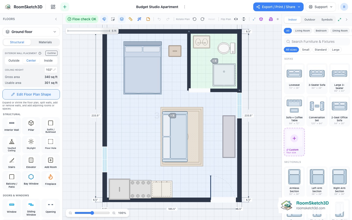 The Budget Studio Apartment template open in the RoomSketch3D 2D editor, every piece placed to scale