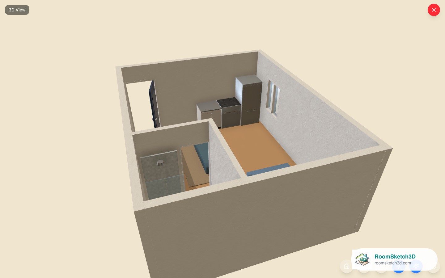 The Budget Studio Apartment template viewed in 3D in RoomSketch3D