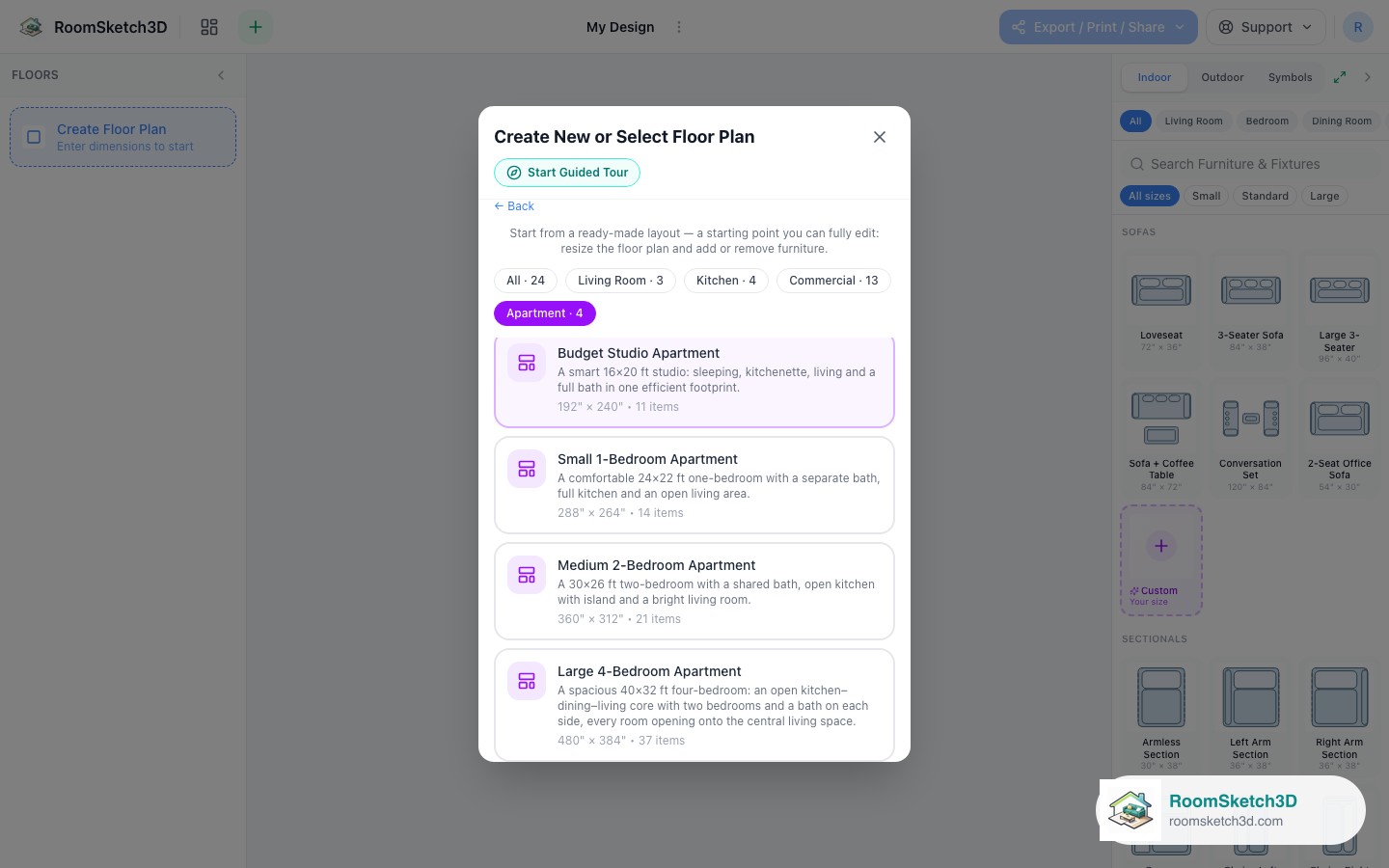The Large 4-Bedroom Apartment card in the RoomSketch3D template picker