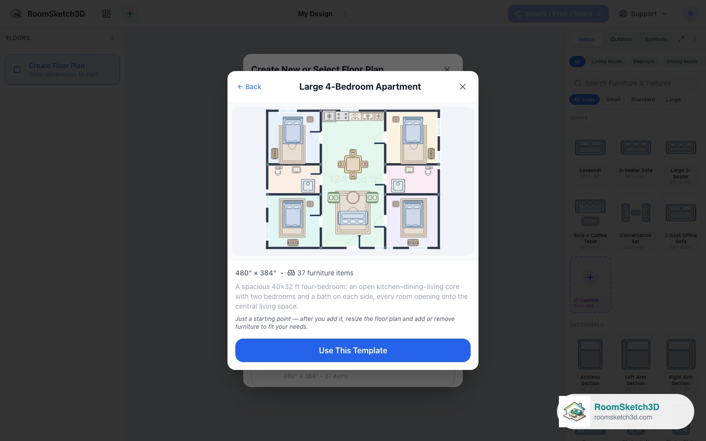 Previewing the Large 4-Bedroom Apartment template before opening it — RoomSketch3D home design app