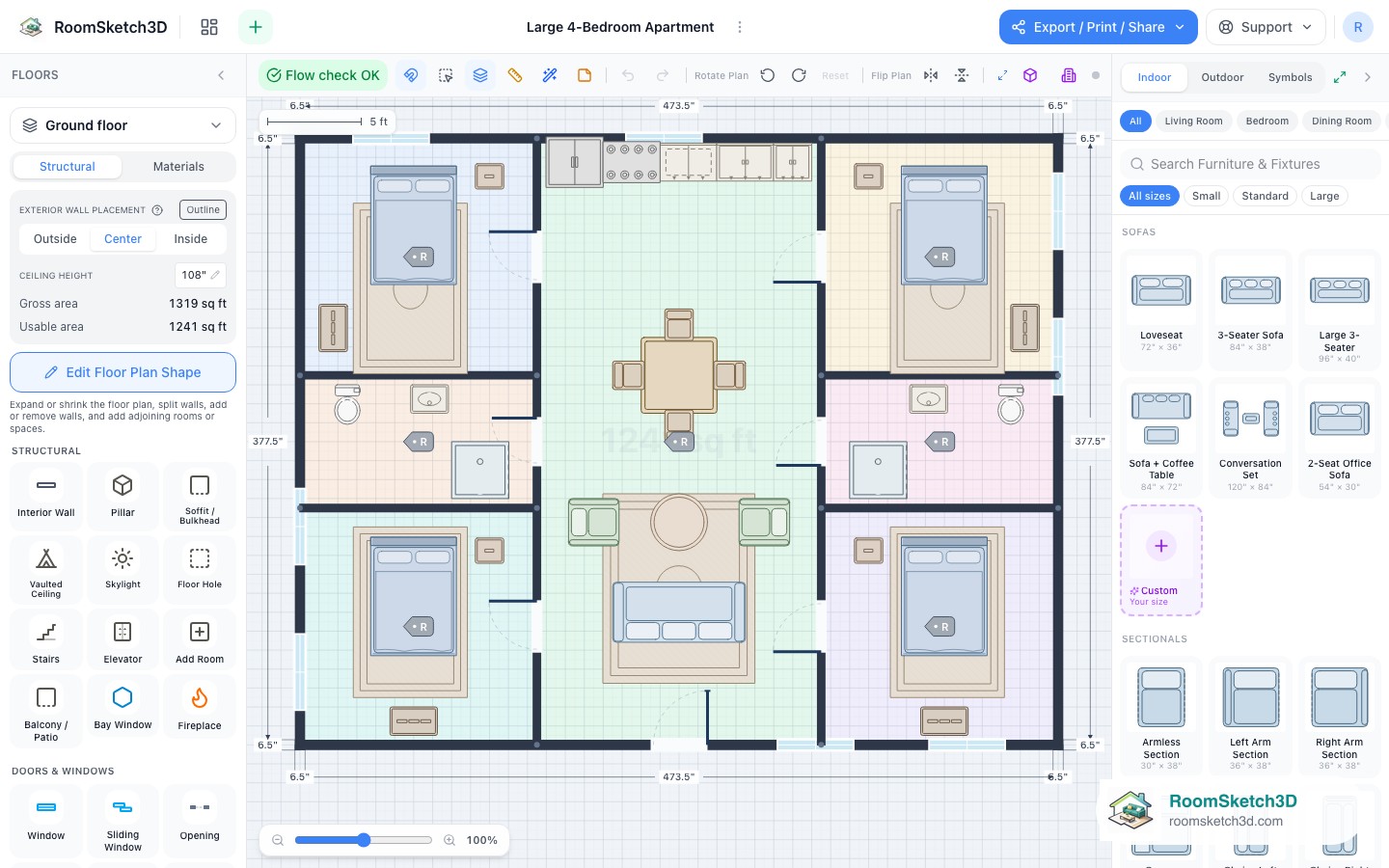 The Large 4-Bedroom Apartment template open in the RoomSketch3D 2D editor, every piece placed to scale