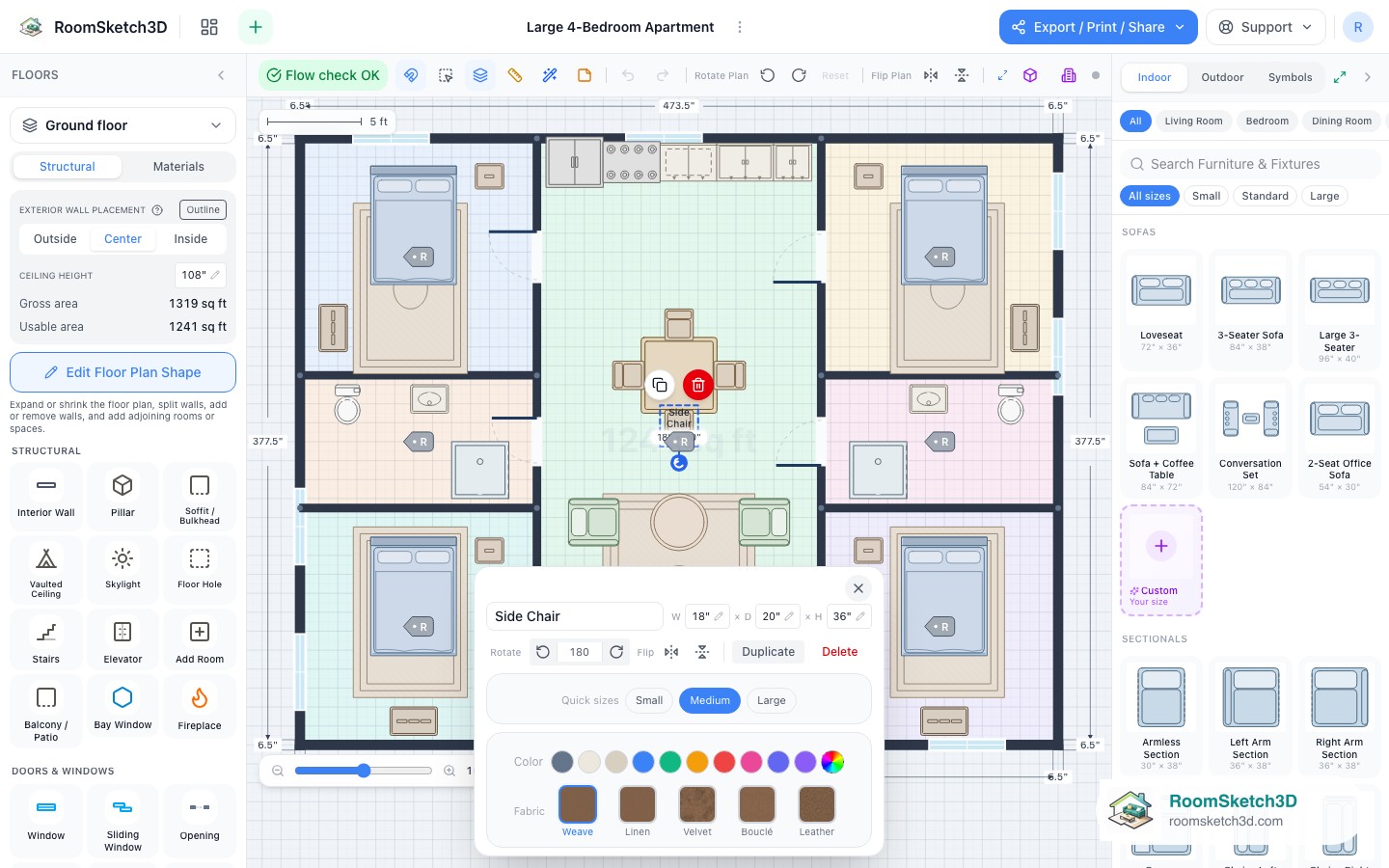 A piece selected in the Large 4-Bedroom Apartment template with its size and options shown — RoomSketch3D room planner app