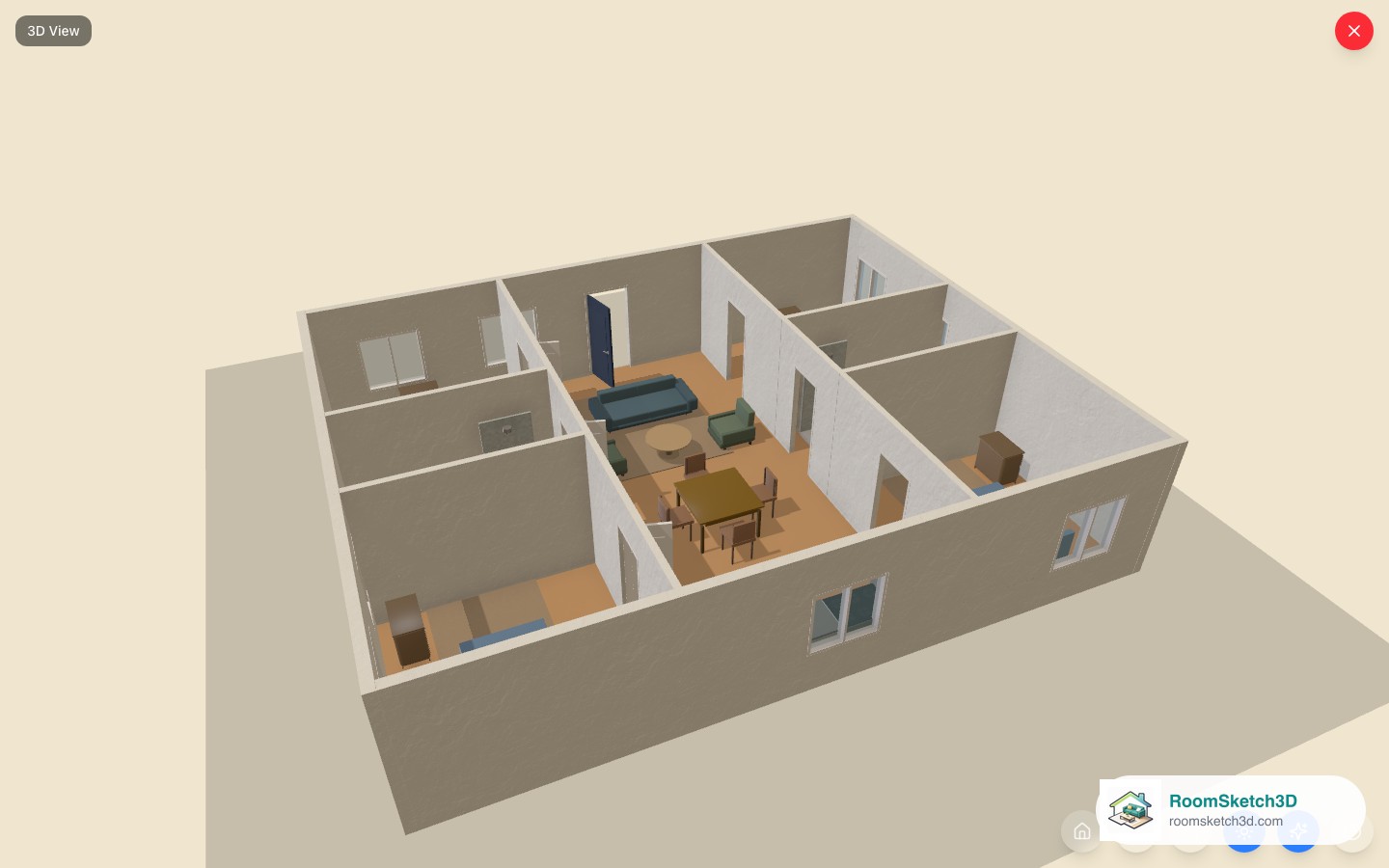 The Large 4-Bedroom Apartment template viewed in 3D in RoomSketch3D