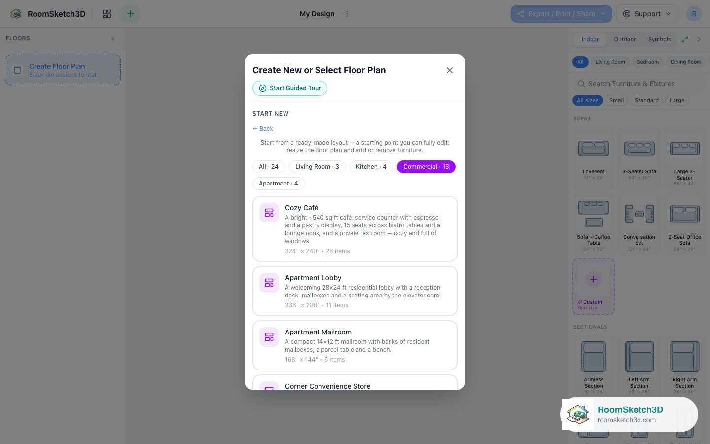 The Apartment Lobby card in the RoomSketch3D template picker