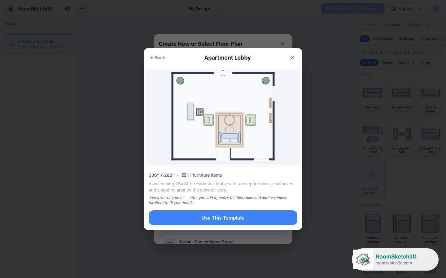 Previewing the Apartment Lobby template before opening it — RoomSketch3D home design app