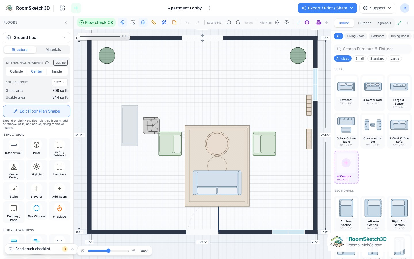 The Apartment Lobby template open in the RoomSketch3D 2D editor, every piece placed to scale
