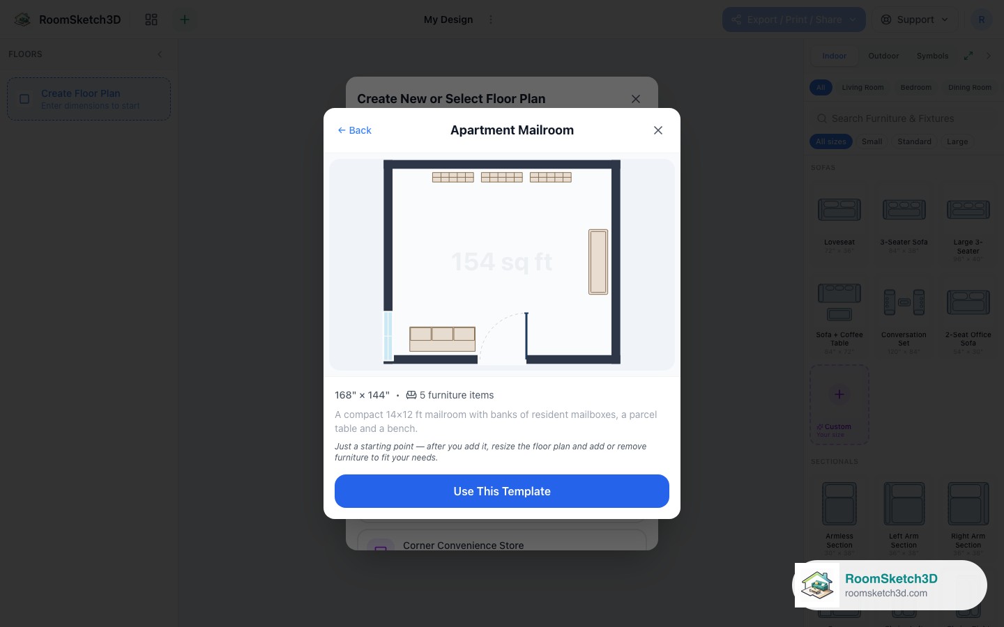 Previewing the Apartment Mailroom template before opening it — RoomSketch3D floor plan creator