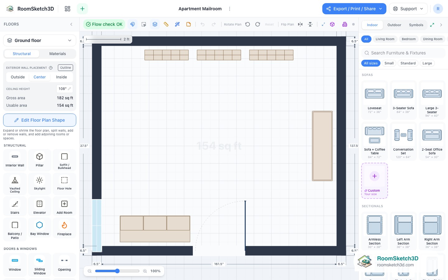 The Apartment Mailroom template open in the RoomSketch3D 2D editor, every piece placed to scale