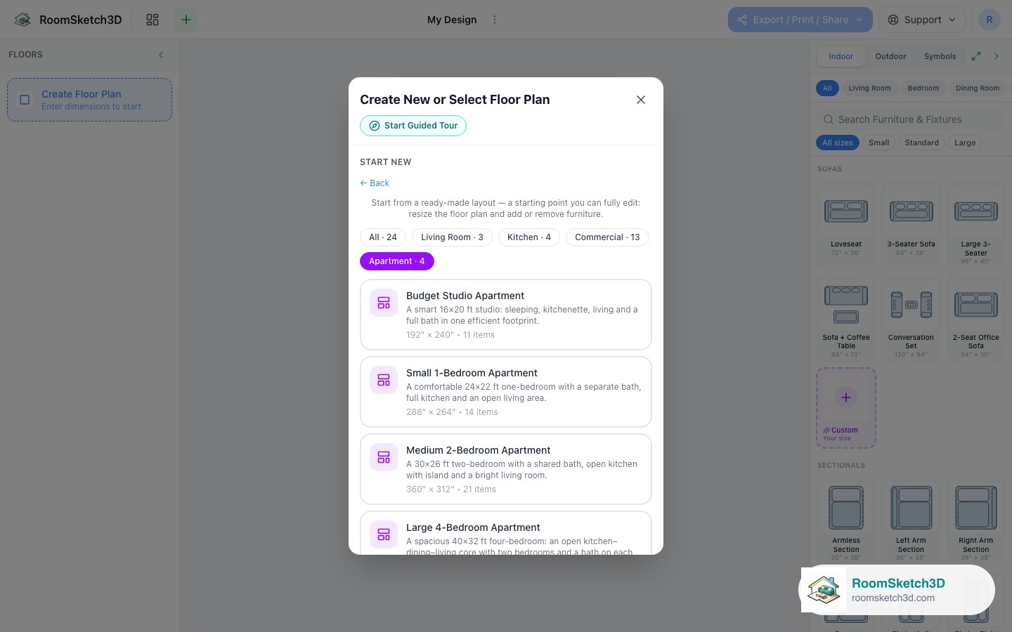 The Medium 2-Bedroom Apartment card in the RoomSketch3D template picker