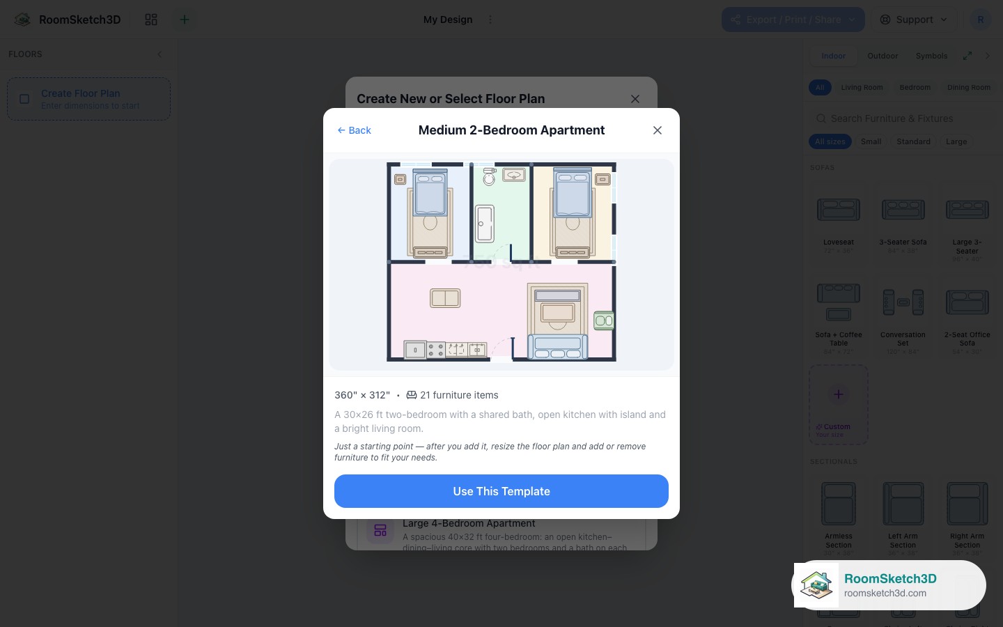 Previewing the Medium 2-Bedroom Apartment template before opening it — RoomSketch3D floor plan creator