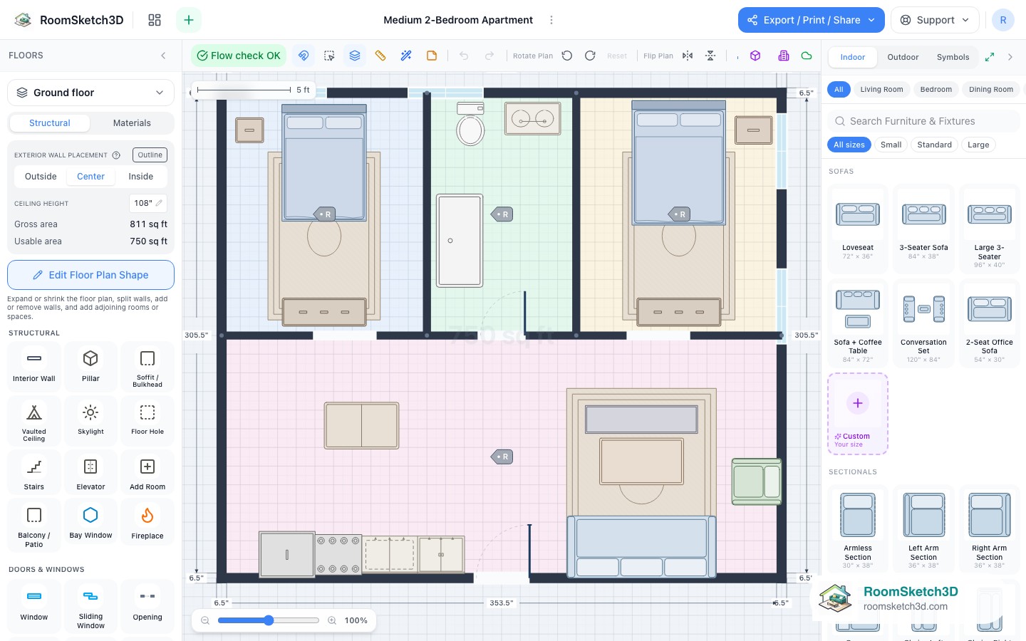 A piece selected in the Medium 2-Bedroom Apartment template with its size and options shown — RoomSketch3D floor planner