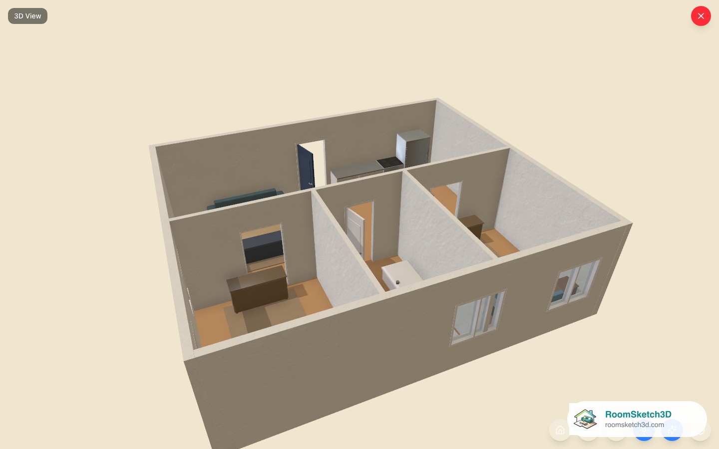 The Medium 2-Bedroom Apartment template viewed in 3D in RoomSketch3D