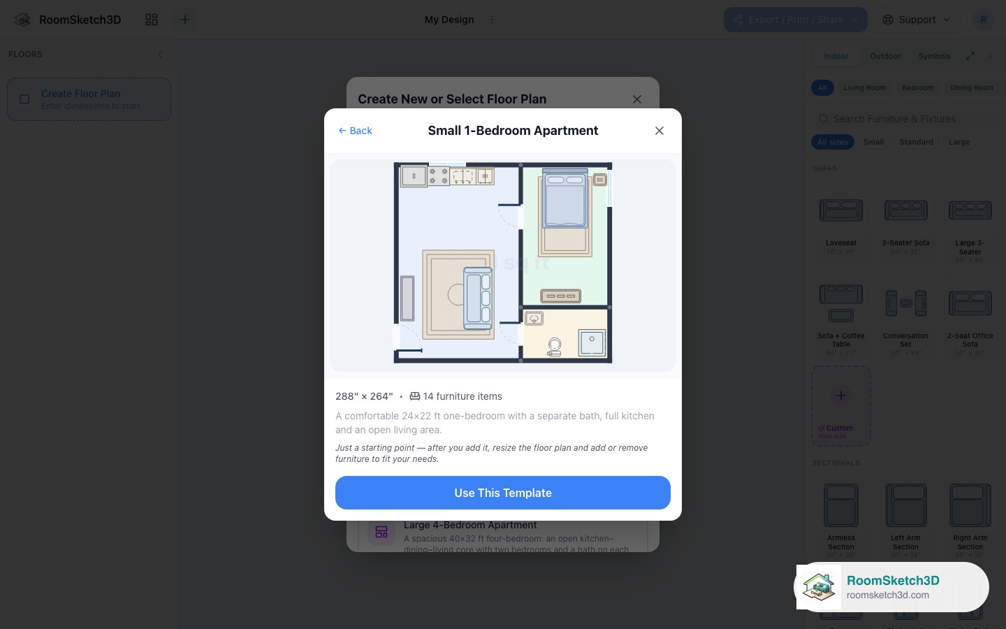 Previewing the Small 1-Bedroom Apartment template before opening it — RoomSketch3D floor planner