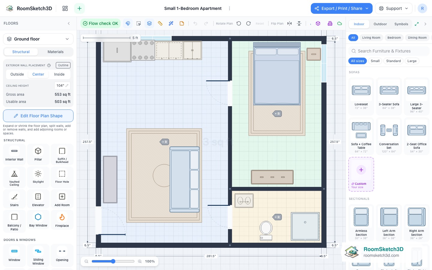 A piece selected in the Small 1-Bedroom Apartment template with its size and options shown — RoomSketch3D floor plan creator