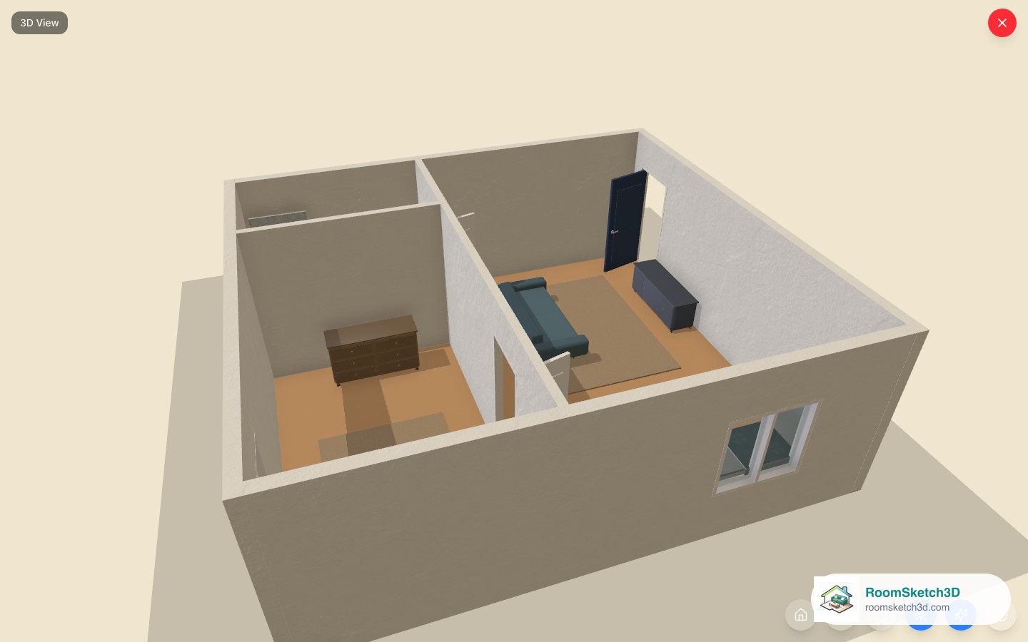 The Small 1-Bedroom Apartment template viewed in 3D in RoomSketch3D