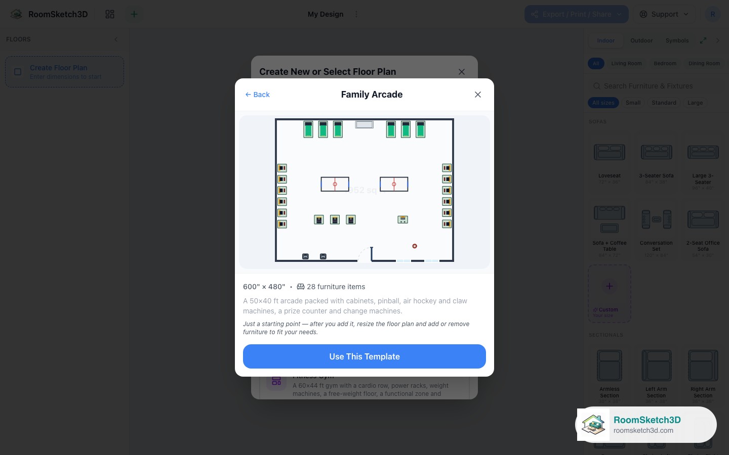 Previewing the Family Arcade template before opening it — RoomSketch3D floor planner