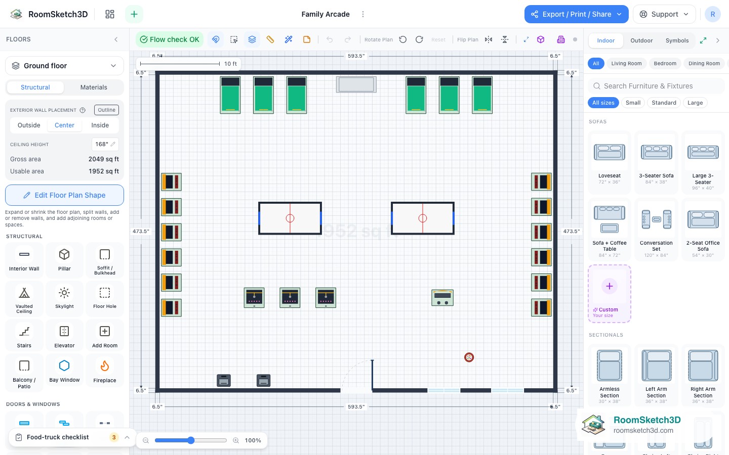 The Family Arcade template open in the RoomSketch3D 2D editor, every piece placed to scale