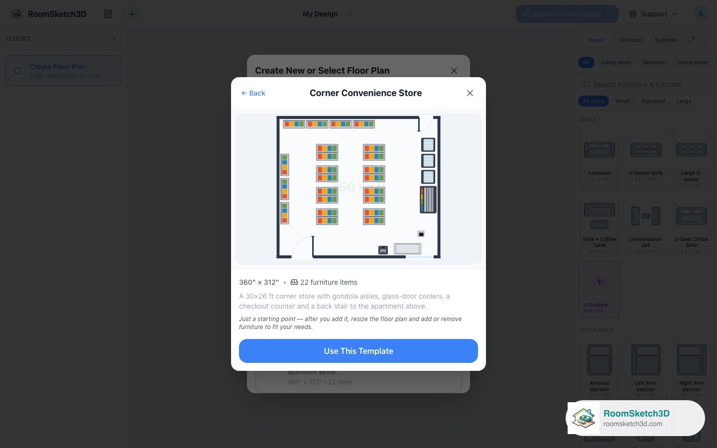 Previewing the Corner Convenience Store template before opening it — RoomSketch3D room planner app