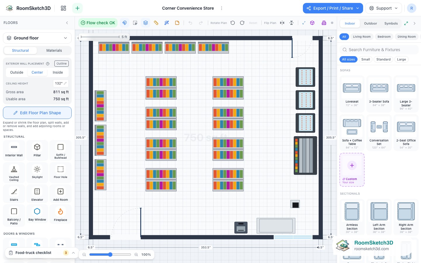 The Corner Convenience Store template open in the RoomSketch3D 2D editor, every piece placed to scale