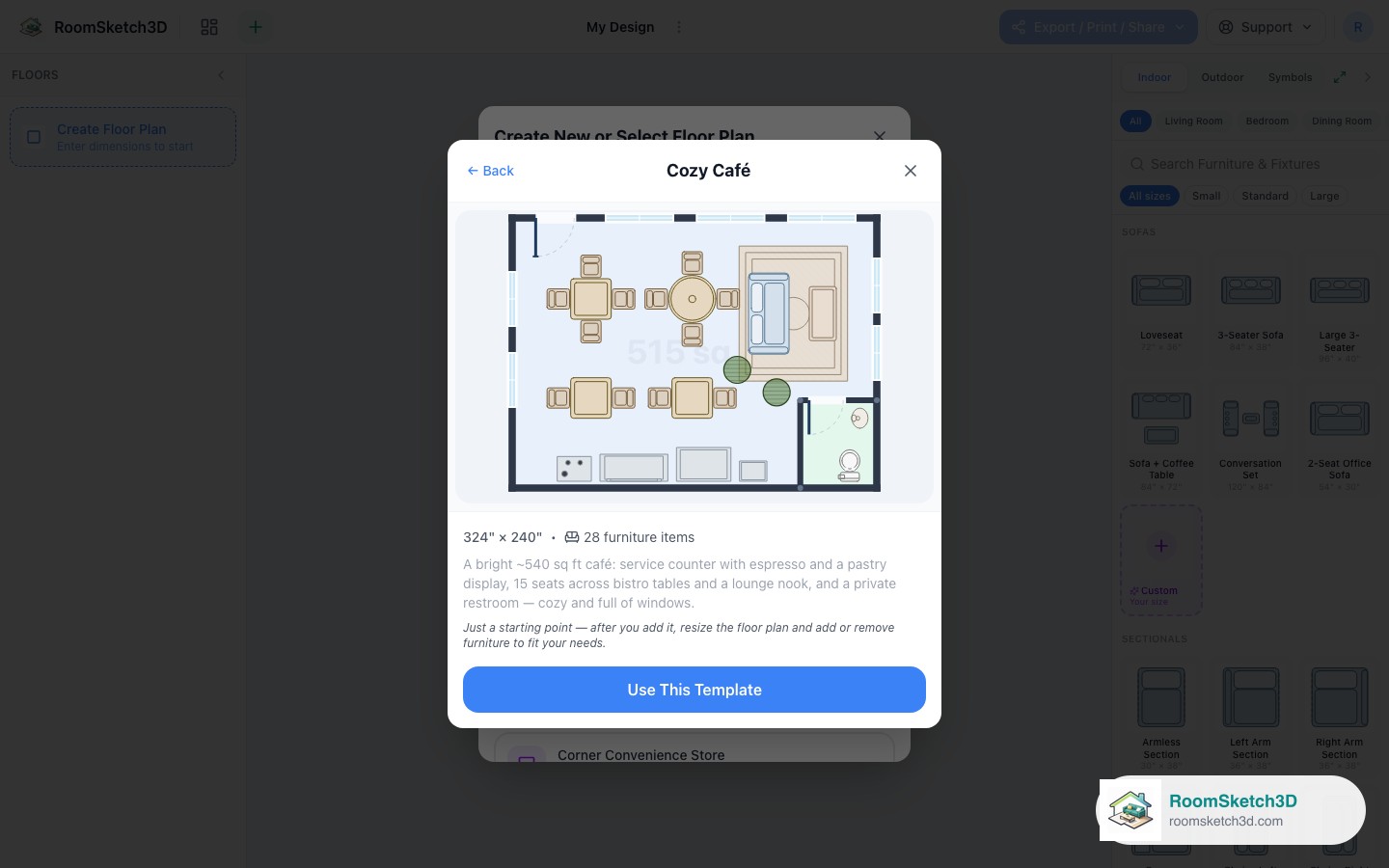 Previewing the Cozy Café template before opening it — RoomSketch3D 3D floorplan software
