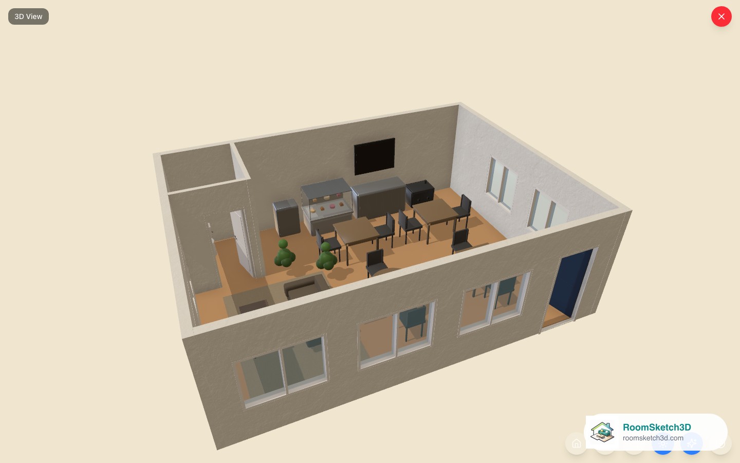 The Cozy Café template viewed in 3D in RoomSketch3D
