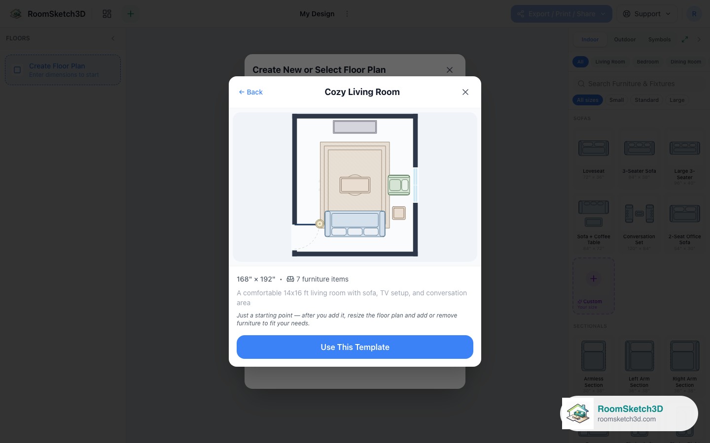 Previewing the Cozy Living Room template before opening it — RoomSketch3D floor plan creator